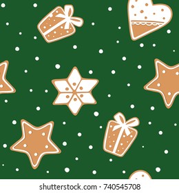 Seamless pattern of gingerbread cookies on green background. Xmas Stars, gift, hearts, snowflake. New Year's pattern with snow