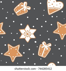 Seamless pattern of gingerbread cookies on dark  grey background. Xmas Stars, gift, hearts with snowflake. Winter pattern 