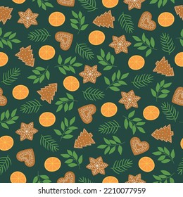 Seamless pattern of gingerbread cookies, orange slices and twigs. Winter elements on dark green background. Vector illustration