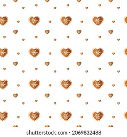 Seamless pattern of gingerbread cookies in the shape of a heart for a holiday. Vector illustration for background, print and decor