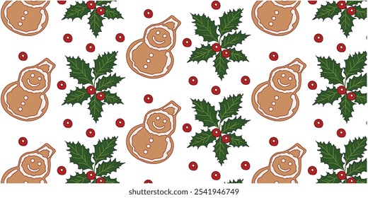 Seamless pattern of gingerbread cookies in the shape of a snowman with icing and a holly branch. Winter illustration. Vector graphics.