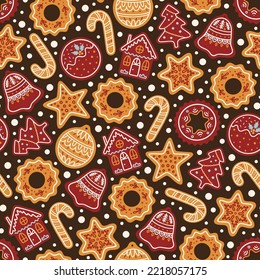 Seamless pattern with gingerbread cookies and snow. Traditional winter holiday pastries in the form of Christmas trees, houses, sweets, stars, bells, balls, decorated with icing. Vector illustration