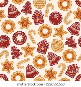 Seamless pattern with gingerbread cookies. Traditional winter holiday pastries in the form of Christmas trees, houses, sweets, stars, bells, balls, decorated with icing. Vector illustration