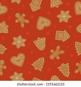 Seamless pattern of gingerbread cookies. Winter homemade sweets on red background. Vector illustration