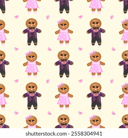 Seamless pattern with gingerbread couples in pink and purple outfits, accented by hearts on a beige background. Ideal for festive designs and holiday decor.