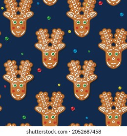 Seamless Pattern with Gingerbread Deer on Blue. Christmas Cookie. Vector Illustration.