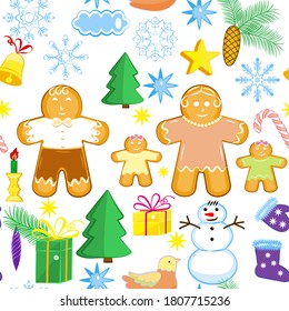 Seamless pattern of gingerbread family and holiday icons.