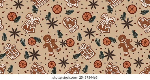 Seamless pattern with gingerbread, fir branches, berries, orange slices, star anise. Christmas and new year winter vector background. Wrapping paper, textile, fabric texture.
