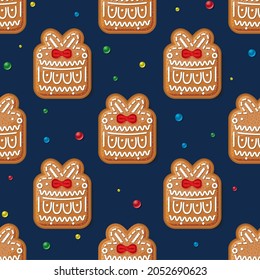 Patrón sin foco con caja de regalo de pan de especias sobre azul. Cookie de Navidad. Ilustración vectorial.