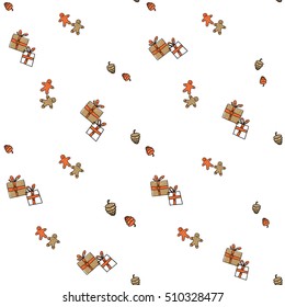 Seamless pattern with gingerbread, gift boxes with presents, fir cones. Cute decorative design for celebrating winter holidays - Christmas and New Year. Xmas symbols and elements on white backdrop.