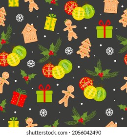 Seamless pattern with gingerbread, gifts boxes, Christmas balls on dark background. New Year decoration. Vector illustration