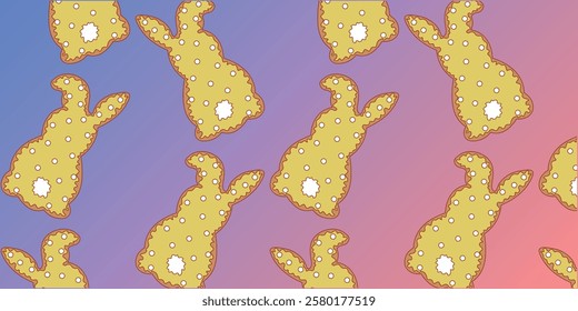 Seamless pattern of gingerbread hares. Cookies covered with glaze. Vector illustration