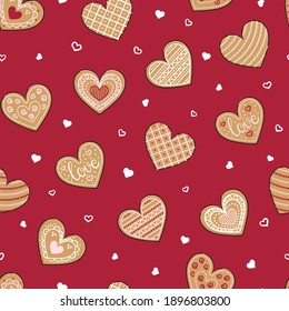 Seamless pattern with gingerbread heart cookies. Happy Valentine's Day. Different types of gingerbread hearts with glaze for wrapping paper, background and textile. Hand drawn vector illustration.