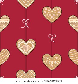 Seamless pattern with gingerbread heart cookies. Happy Valentine's Day. Different types of gingerbread hearts with glaze for wrapping paper, background and textile. Hand drawn vector illustration.