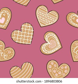 Patrón sin problemas con galletas de corazón de pan de jengibre. Feliz Día de San Valentín. Diferentes tipos de corazones de jengibre con vidrios para envolver papel, fondo y textil. Ilustración vectorial dibujada a mano.