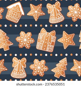 Seamless pattern with gingerbread house, gift, snowflake, fir tree. Suitable for fabric, wrapping paper, wallpaper, background, textile, etc.