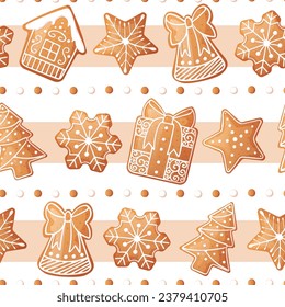 Seamless pattern with gingerbread house, gift, snowflake, fir tree. Suitable for fabric, wrapping paper, wallpaper, background, textile, etc.