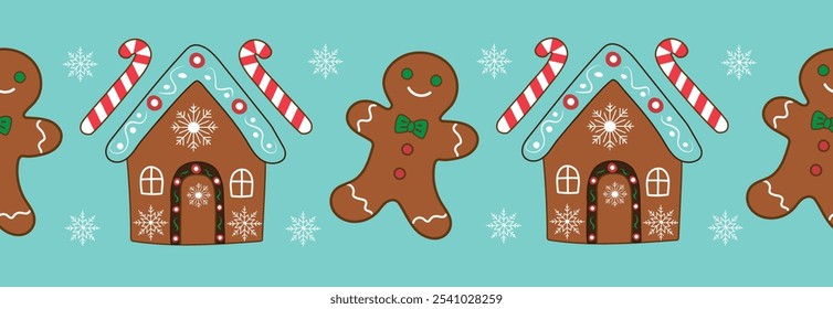 Seamless pattern with gingerbread house and ginger man. New Year's Christmas background, border. Vector illustration. Can be used for wallpaper, packaging, printing, ribbon