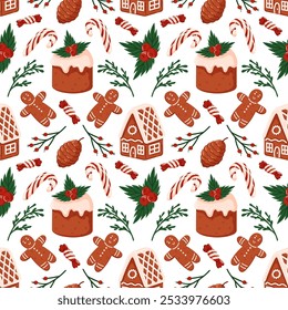 Seamless pattern with gingerbread house, man, cake, candy cane, pine cones and holly. Perfect for Christmas design, holiday wrapping paper and festive decor. Flat style.