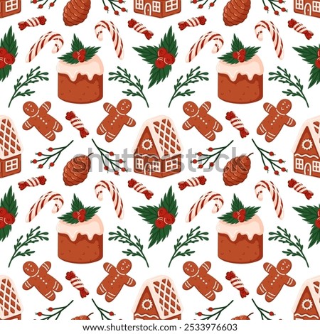 Seamless pattern with gingerbread house, man, cake, candy cane, pine cones and holly. Perfect for Christmas design, holiday wrapping paper and festive decor. Flat style.