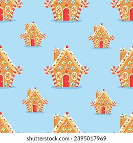 Seamless pattern with gingerbread house shaped gingerbread cookies with decorations. Christmas sweets and treats.Print design for textile, fabric, wrapping paper. Vector illustration