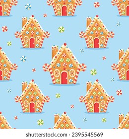 Seamless pattern with gingerbread house shaped gingerbread cookies with decorations. Christmas sweets and treats.Print design for textile, fabric, wrapping paper. Vector illustration