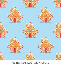 Seamless pattern with gingerbread house shaped gingerbread cookies with decorations. Christmas sweets and treats.Print design for textile, fabric, wrapping paper. Vector illustration