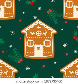 Seamless pattern gingerbread house, snowflakes and christmas element on  
emerald background.
Celebratory pattern for decorating gifts, fabrics and clothes for the New Year and Christmas.