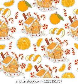 seamless pattern with gingerbread house and tangerines, the traditional attribute of Christmas, design design for Christmas. vector illustration