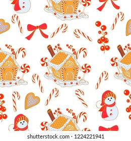 seamless pattern with gingerbread house with traditional Christmas attributes, vector illustration, holiday design element