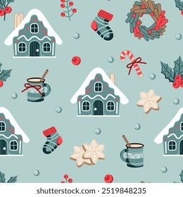 Seamless pattern with gingerbread houses, cocoa cup, candy, ginger cookies, berries, socks, wreath on blue background for christmas and new year, vector illustration, holiday design, winter festive