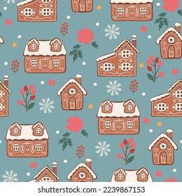 Seamless pattern with gingerbread houses, flowers, twigs and snowflakes. Vector graphics.