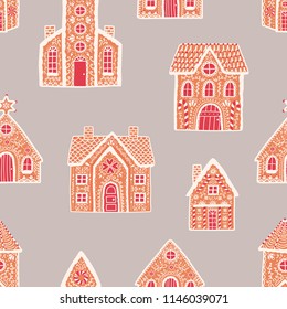 Seamless pattern with gingerbread houses on light background. Backdrop with delicious baked desserts decorated with sugar icing. Flat cartoon colorful vector illustration for fabric print, wallpaper