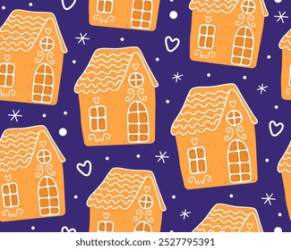 Seamless pattern with gingerbread houses on a dark blue background. Gingerbread houses with white sugar glaze. Design for wrapping paper, fabric, card. New year.