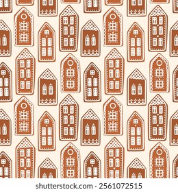 Seamless pattern with gingerbread houses. Vector Christmas background. 