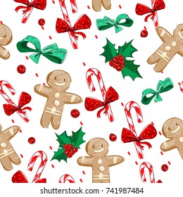 Seamless Pattern Gingerbread man and bow christmas background. Vector Illustration