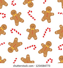 Seamless pattern with gingerbread man and candy cane on white background. Vector flat illustration 