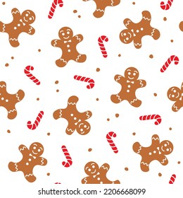 Seamless pattern with gingerbread man and candy canes on white background. Christmas and winter holiday theme. Vector illustration in flat style.