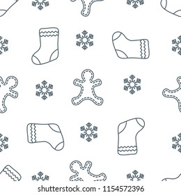 Seamless pattern with gingerbread man, christmas socks, snowflakes. Christmas and New Year 2019 background. Design for packaging paper, fabric and other print. 