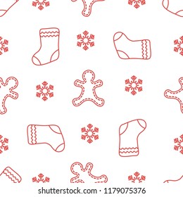 Seamless pattern with gingerbread man, christmas socks, snowflakes. Christmas and New Year 2019 background. Design for packaging paper, fabric and other print. 