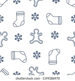 Seamless pattern with gingerbread man, christmas socks, snowflakes. Christmas and New Year 2019 background. Design for packaging paper, fabric and other print. 