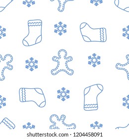 Seamless pattern with gingerbread man, christmas socks, snowflakes. Christmas and New Year 2019 background. Design for packaging paper, fabric and other print. 
