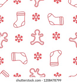 Seamless pattern with gingerbread man, christmas socks, snowflakes. Christmas and New Year 2019 background. Design for packaging paper, fabric and other print. 