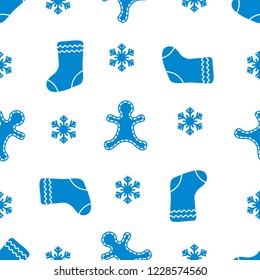 Seamless pattern with gingerbread man, christmas socks, snowflakes. Christmas and New Year 2019 background. Design for packaging paper, fabric and other print. 