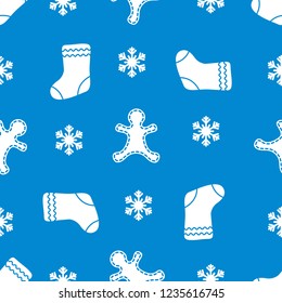 Seamless pattern with gingerbread man, christmas socks, snowflakes. Christmas and New Year 2019 background. Design for packaging paper, fabric and other print. 