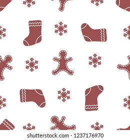 Seamless pattern with gingerbread man, christmas socks, snowflakes. Christmas and New Year 2019 background. Design for packaging paper, fabric and other print. 