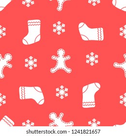 Seamless pattern with gingerbread man, christmas socks, snowflakes. Christmas and New Year 2019 background. Design for packaging paper, fabric and other print. 
