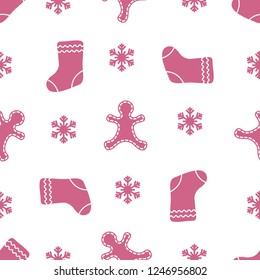 Seamless pattern with gingerbread man, christmas socks, snowflakes. Christmas and New Year 2019 background. Design for packaging paper, fabric and other print. 