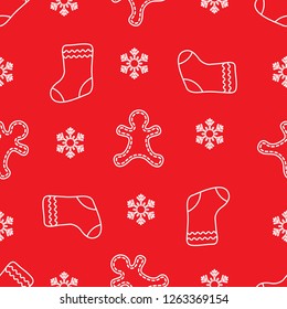 Seamless pattern with gingerbread man, christmas socks, snowflakes. Christmas and New Year 2019 background. Design for packaging paper, fabric and other print. 