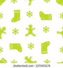 Seamless pattern with gingerbread man, christmas socks, snowflakes. Christmas and New Year 2019 background. Design for packaging paper, fabric and other print. 